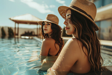 two beautiful women relaxing and chilling at the pool with bikini and hats in the hot summer. The ladies are looking away from the camera. Enjoying vacation in a tour at a modern hotel.