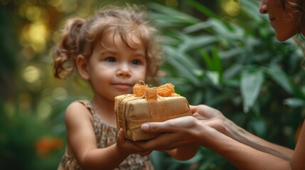 Tender Moment of a Young Child Receiving a Shimmering Golden Gift in a Lush Garden