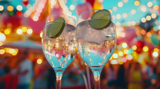 Cinematic photograph of two gin tonic sparkling cocktail with lime  at a colorful amusement park. Heart shaped balloons and confeti. Valentines. Love