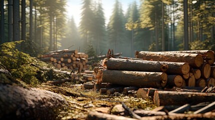  Log trunks pile in forest , the logging timber wood industry. Wide banner or panorama wooden trunks.