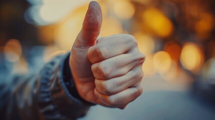 Close-Up of a Positive Gesture: Thumbs Up Sign Against a Blurred Evening Backdrop