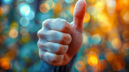 Vivid Close-Up of a Thumbs Up Gesture with Festive Bokeh Lights in the Background