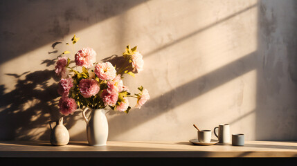 Elegant Spring Bouquet in a Vase on a Wooden Table, Pink Blossoms and Vintage Tea Cup, Creating a Romantic Setting