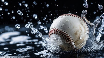 Professional Baseball ball Sports Equipment in water splashes on the black background. Horizontal Illustration. Sporting Gear Ai Generated Illustration with Active Game Baseball ball.