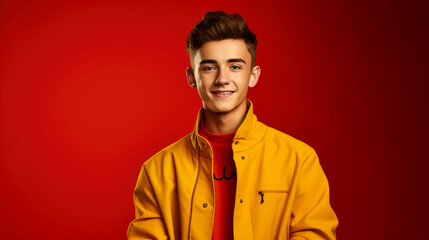 Obraz premium Minimalist Commercial Portrait of European Boy on Solid Background