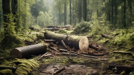  Log trunks pile in forest , the logging timber wood industry. Wide banner or panorama wooden trunks. - obrazy, fototapety, plakaty
