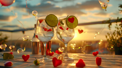 Cinematic photograph of two gin tonic sparkling cocktail with lime  in a beach rooftop. Heart shaped balloons and confeti. Valentines. Love - obrazy, fototapety, plakaty