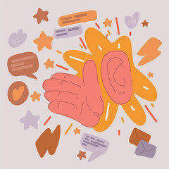 Vector illustration of ear and hands close-up. The concept of eavesdropping, espionage, gossip and the yellow press.
