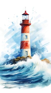 Meer und Leuchtturm, Zeichnung aus Wasserfarbe