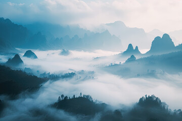 surreal landscape during a dense fog covering a mountainous region.
