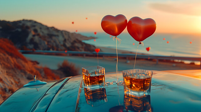 Cinematic photograph of two whisky glasses in a beach rooftop. Heart shaped balloons and confeti. Valentines. Love