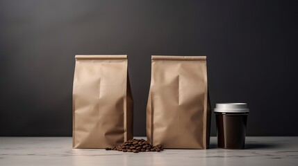 A coffee packaging made of brown paper is photographed in front of a gray wall. generative AI