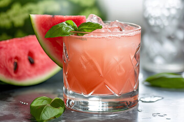 Watermelon Basil Smash in a Rocks Glass with Watermelon Wedge and Basil Leaf