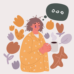 Vector illustration of exhausted holding mug of hot beverage