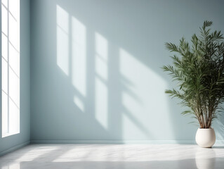 Minimalistic light background with blurred foliage shadow on a light blue wall. Beautiful background for presentation with with marble floor.