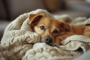 Sick animal, sad suffering dog lying on a blanket indoors