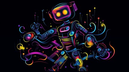 Neon-Colored Abstract Robot Dancing. Generative AI