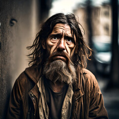 A homeless man with long unwashed hair and dirty clothes and a dirty face. There is sadness in his eyes and he is depressed and suffering from addiction and mental health issues.. 