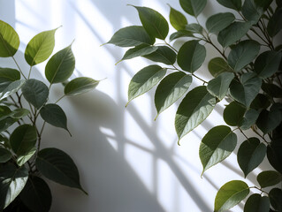 Blurred shadow from leaves on the light wall. Minimal abstract background for product presentation