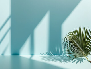 Blurred shadow from palm leaves on the light blue wall. Minimal abstract background for product presentation. Spring and summer.