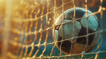 A football ball hits the goal net in close-up