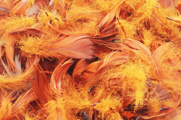 Feathers background. Orange artificial decorative feathers texture. Soft cotton background. Fluffy bird feather. Various shapes. Brown color cotton wool pattern. Handmade decorations decoupage.