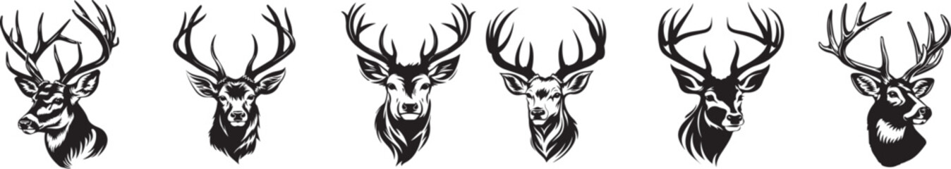 black and white deer profile vector set 