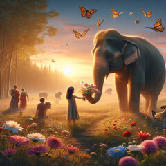 A group of people and an elephant with flowers