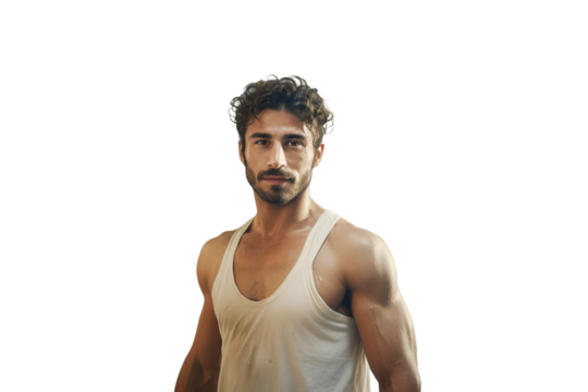 The male athlete is tired of looking at the camera. Isolated transparent background.