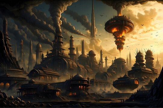 A chaotic landscape of infernal contraptions, where buildings and machines merge into one monstrous entity n8
