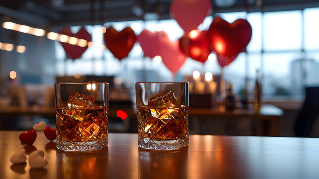 Cinematic photograph of two whisky glasses At an office. Dim lights. Heart shaped balloons and confeti. Valentines. Love