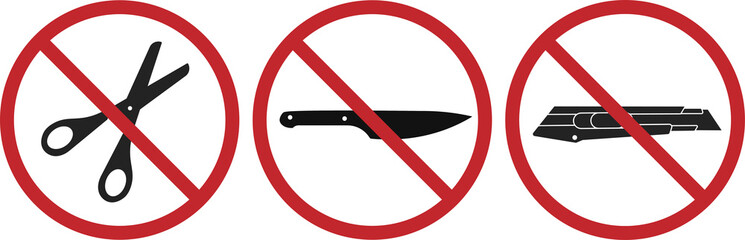 Bundle set of prihibition sign do not bring or use cutter, cutting tool, sharp object, scissors, knife, knives, blade  