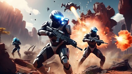 Dramatic video game scene. Futuristic helmet clad heroes combat explosions backlights. Generative AI.