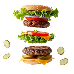 Hamburger Flying Through the Air With Lettuce, Tomato, and Pickles