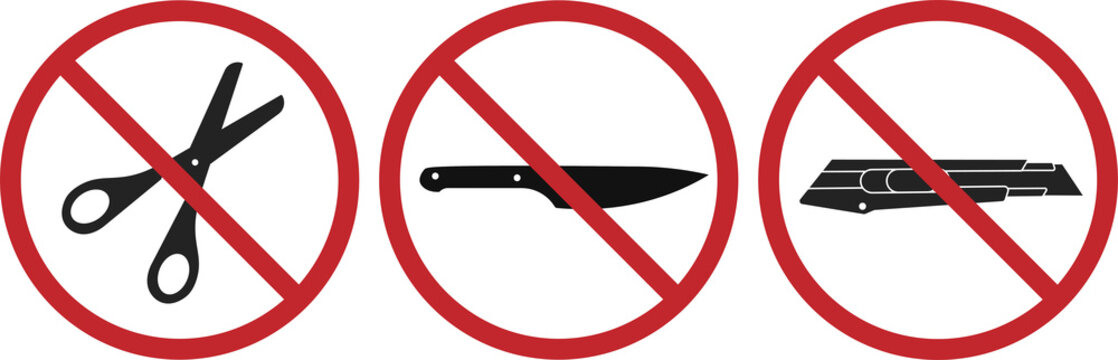 Bundle set of prihibition sign do not bring or use cutter, cutting tool, sharp object, scissors, knife, knives, blade  