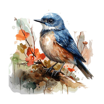 recommend clip art: A realistic watercolor painting of a blue bird on a branch with a white background.