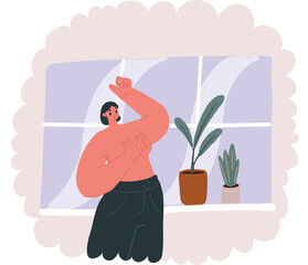 Vector illustration of Woman hand checking lumps on her breast for signs of brest cancer, healthy lifestyle concept