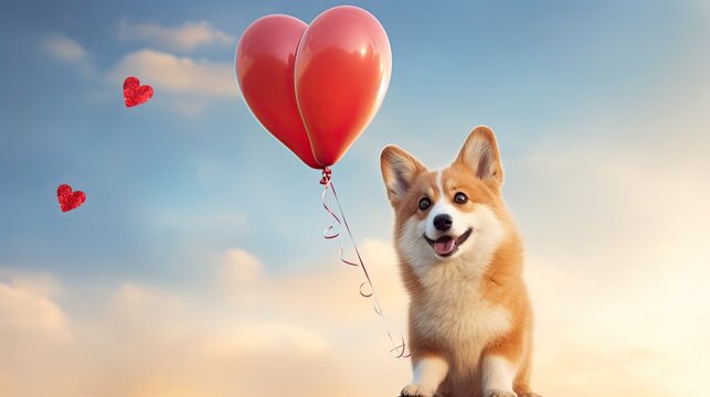 Corgi dog with heart shaped balloon, Valentine's Day concept.