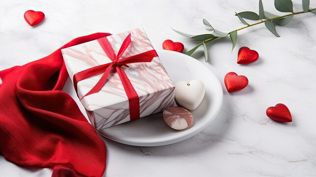 Eco friendly Valentine s Day concept Furoshiki gift wrapping homemade sweets candle on white marble background.