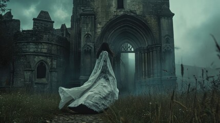 White female ghost silhouette. Beautiful scary horror scene. Mystery cloak outside old ancient gothic castle. Creepy woman shadow. Girl spirit walk outdoor. Mysterious person stroll at cemetery. - obrazy, fototapety, plakaty