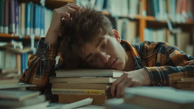 Tired overworked man sleeps at table. Many books around. Person study very hard. Student closed eyes. Overtime late learning. Exhausted asleep guy preparing for test exam. Funny sleepy lazy young man.