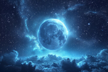 Full blue moon in the night sky above the clouds