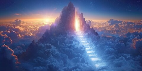Gate to heaven, heavenly gate, entrance path, light at the end of the tunnel after death, religion Christianity, in the sky in the clouds - obrazy, fototapety, plakaty