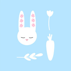 Happy easter bunny rabbit vector isolated illustration with carrot and flowers in white and blue.