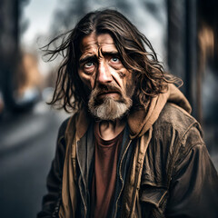 A homeless man with long unwashed hair and dirty clothes and a dirty face. There is sadness in his eyes and he is depressed and suffering from addiction and mental health issues.. 
