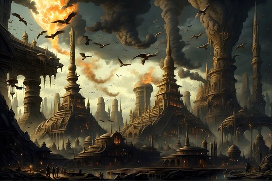 A chaotic landscape of infernal contraptions, where buildings and machines merge into one monstrous entity n6