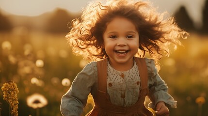 Little Girl Joyfully Runs in a Field of Dandelions