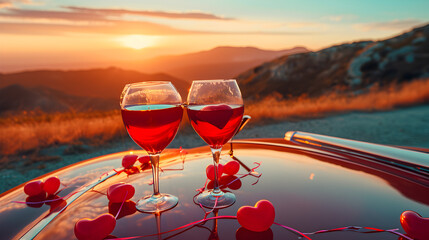 Cinematic photograph of two red wine glasses on the hood of an old classic car. sunset. Hills. Mountains. Beach. Heart shaped balloons and confeti. Valentines. Love