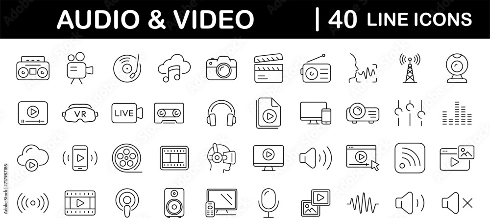 Leinwandbilder audio video set of web icons in line style. music and video icons for web and mobile app. podcast, v
