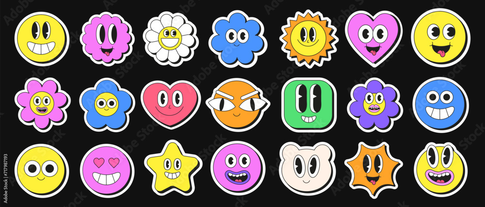 Poster Cool Cartoon Smile Emoticon Character Stickers Collection. Set of Trendy Cute Funny Patches. Pop Art Elements.